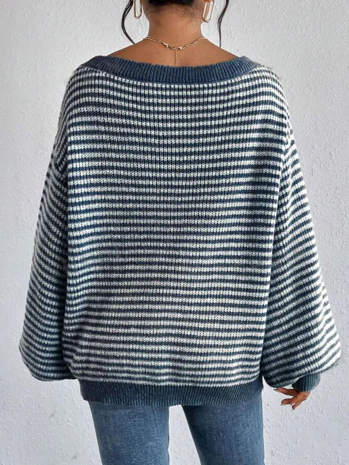 Thin Horizontal Stripes Rib-knit Slashed Drop Shoulder Knitting Sweater for Everyday Fall & Winter