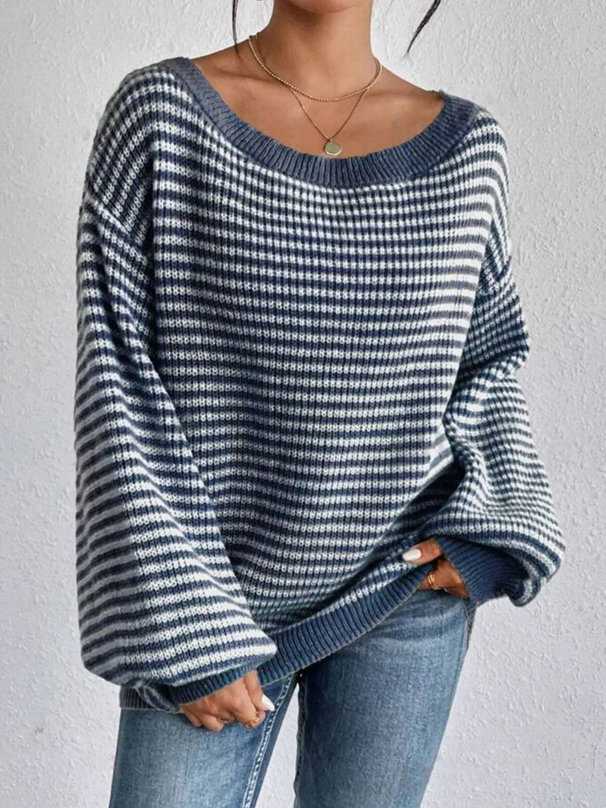 Thin Horizontal Stripes Rib-knit Slashed Drop Shoulder Knitting Sweater for Everyday Fall & Winter