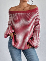 Thin Horizontal Stripes Rib-knit Slashed Drop Shoulder Knitting Sweater for Everyday Fall & Winter