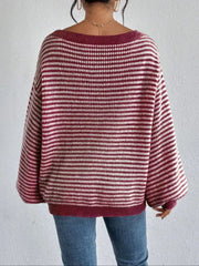 Thin Horizontal Stripes Rib-knit Slashed Drop Shoulder Knitting Sweater for Everyday Fall & Winter