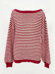 Thin Horizontal Stripes Rib-knit Slashed Drop Shoulder Knitting Sweater for Everyday Fall & Winter