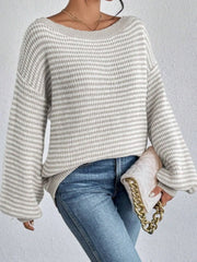 Thin Horizontal Stripes Rib-knit Slashed Drop Shoulder Knitting Sweater for Everyday Fall & Winter