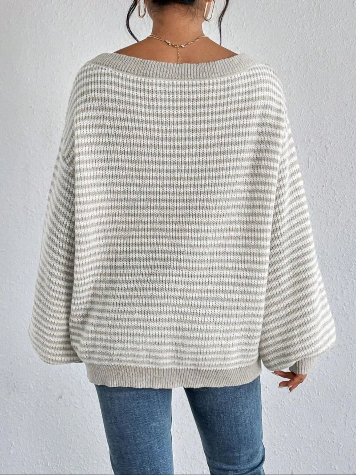 Thin Horizontal Stripes Rib-knit Slashed Drop Shoulder Knitting Sweater for Everyday Fall & Winter