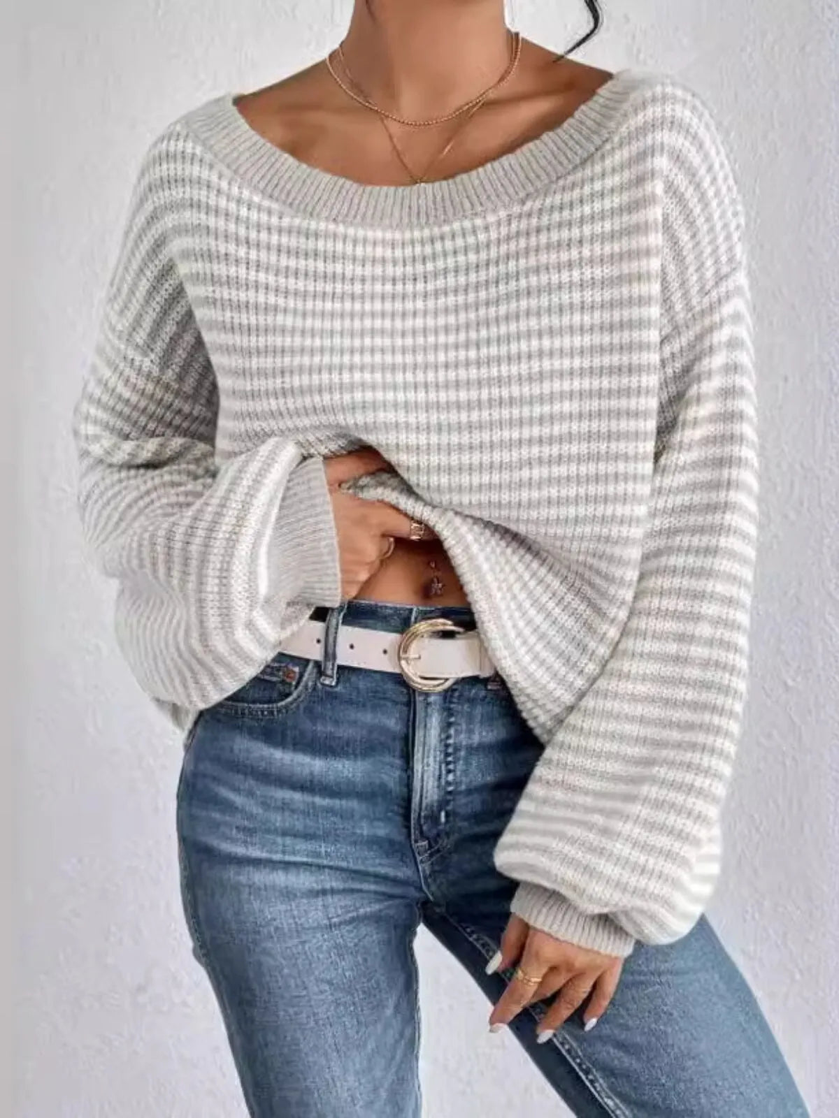 Thin Horizontal Stripes Rib-knit Slashed Drop Shoulder Knitting Sweater for Everyday Fall & Winter
