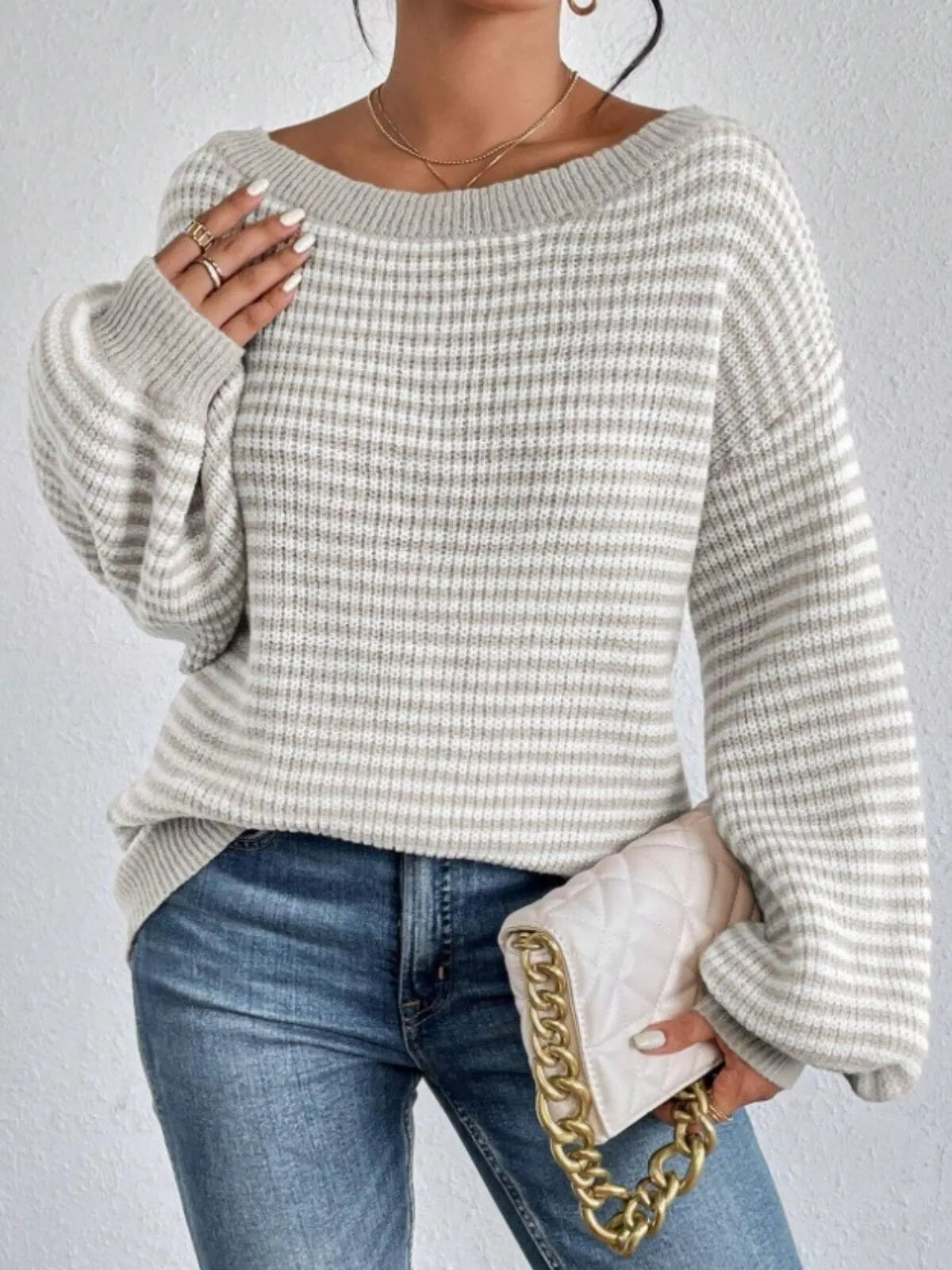 Thin Horizontal Stripes Rib-knit Slashed Drop Shoulder Knitting Sweater for Everyday Fall & Winter
