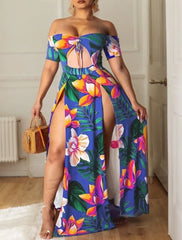 Tropical Cut Out Off Shoulder A-line Dress