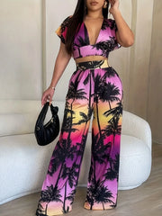 Tropical Deep V Neck Cap Sleeve Crop Top & Tropical Palazzo Pants