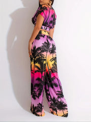 Tropical Deep V Neck Cap Sleeve Crop Top & Tropical Palazzo Pants