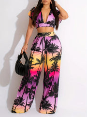 Tropical Deep V Neck Cap Sleeve Crop Top & Tropical Palazzo Pants