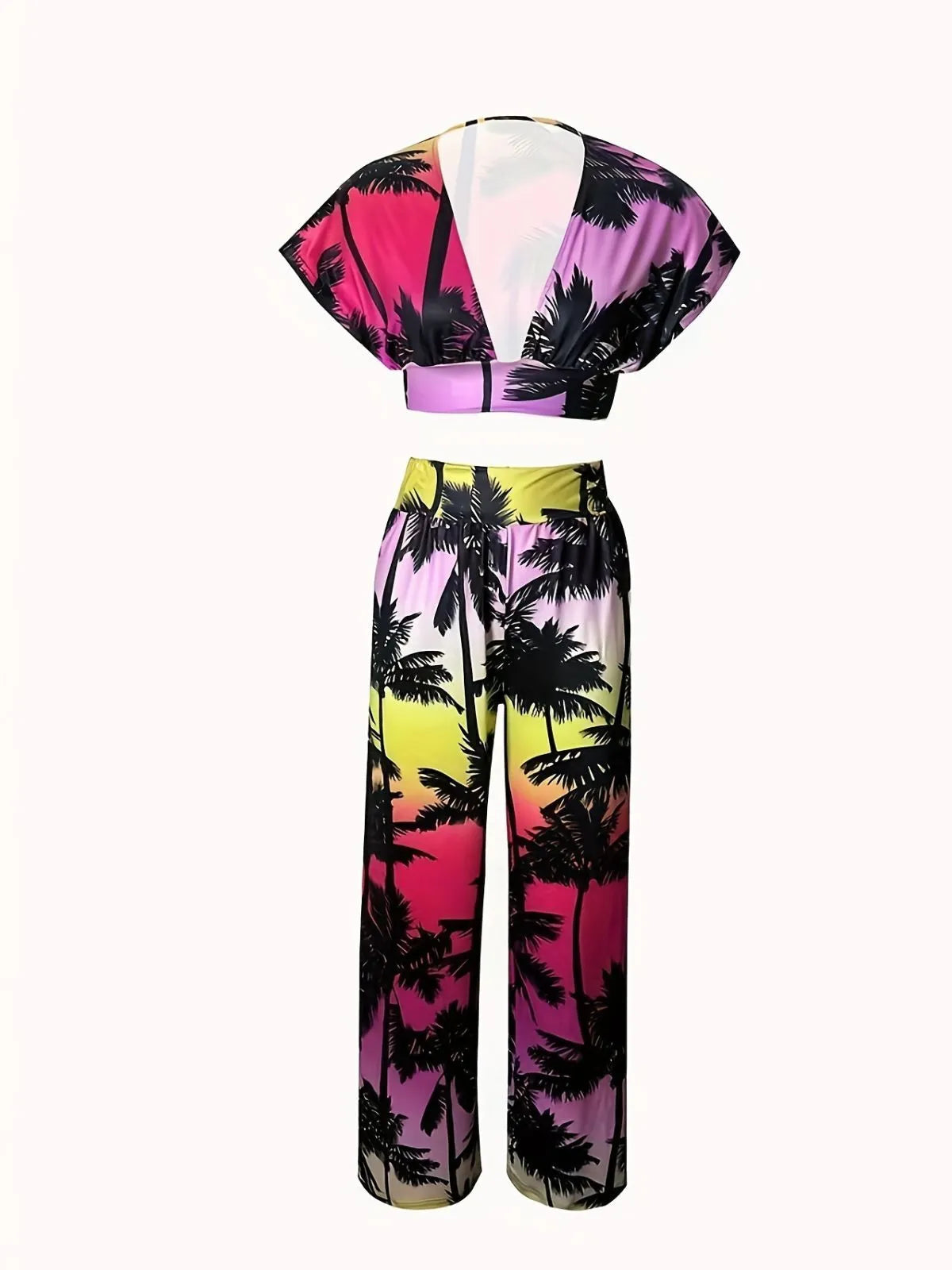 Tropical Deep V Neck Cap Sleeve Crop Top & Tropical Palazzo Pants