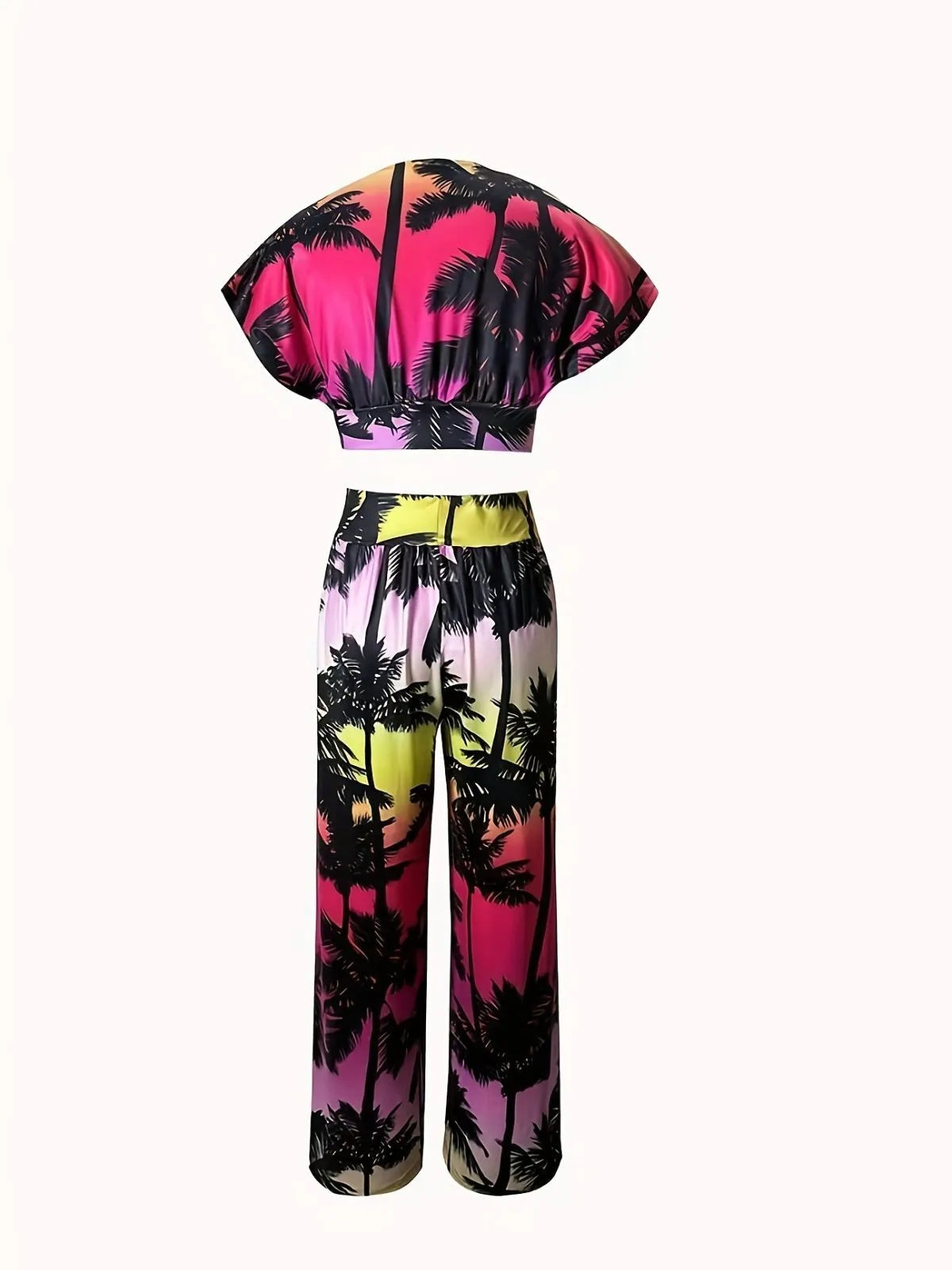 Tropical Deep V Neck Cap Sleeve Crop Top & Tropical Palazzo Pants