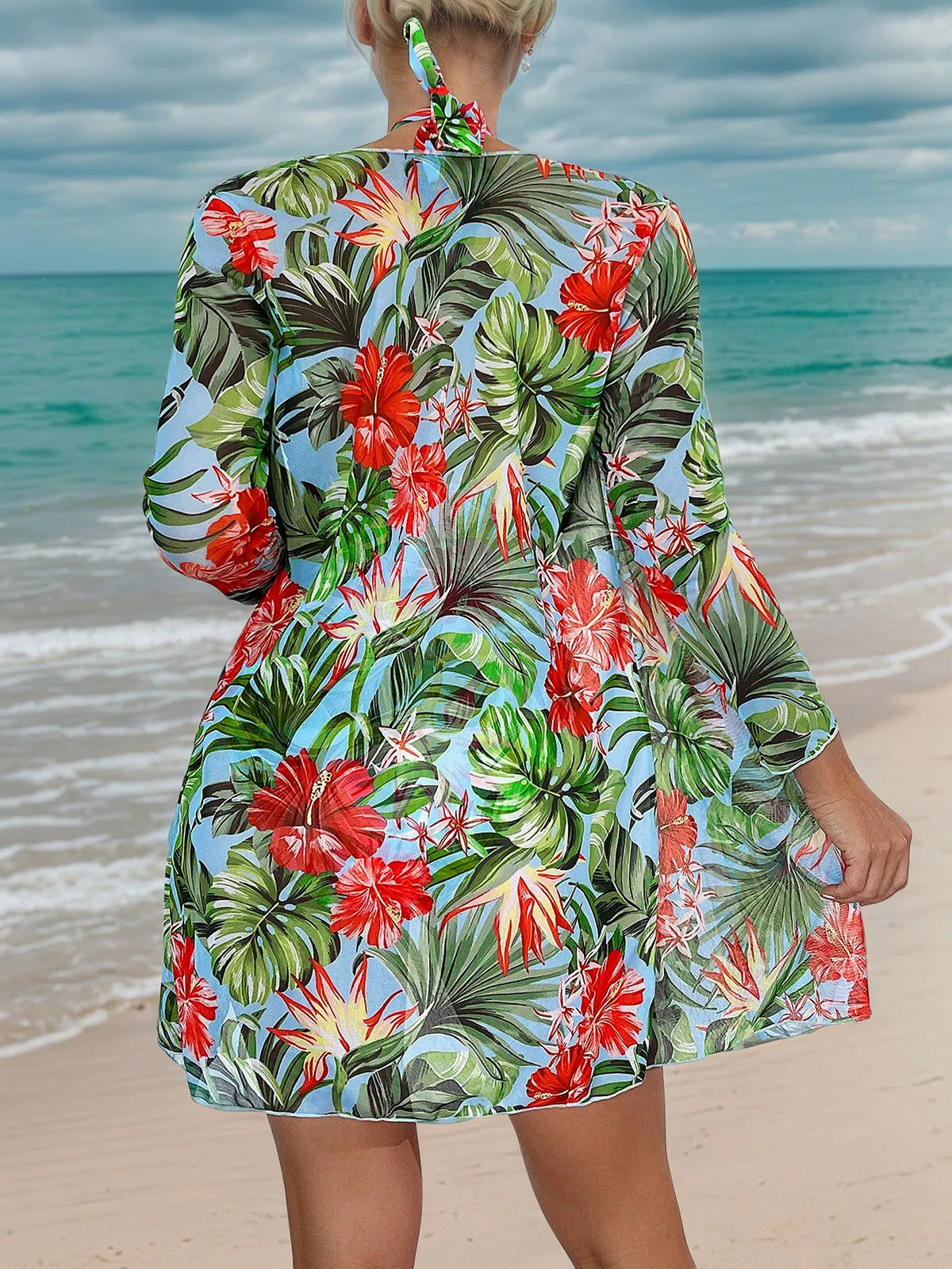 Tropical Lace-up Halter One-piece with Cover-up