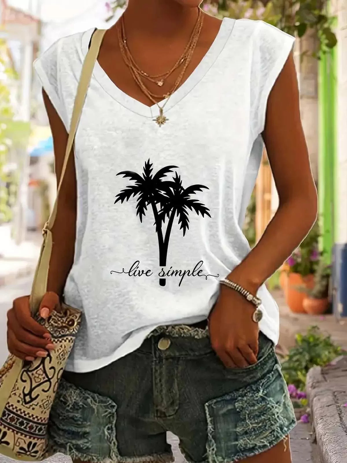 Tropical V-neck Sleeveless Sleeveless Regular Tank
