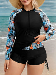 Plus Size Tropical Zipper Fabric Tankini 