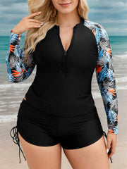 Plus Size Tropical Zipper Fabric Tankini 
