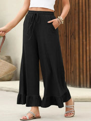 Vacation Ready Lightweight Flowy Ruffle Trim Palazzo Pants