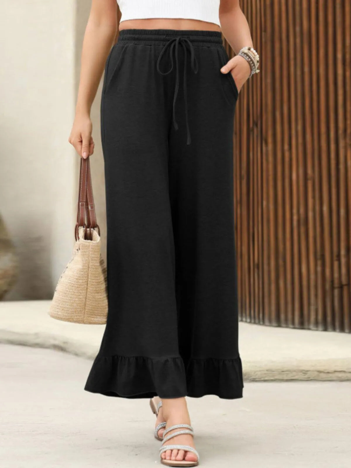 Vacation Ready Lightweight Flowy Ruffle Trim Palazzo Pants