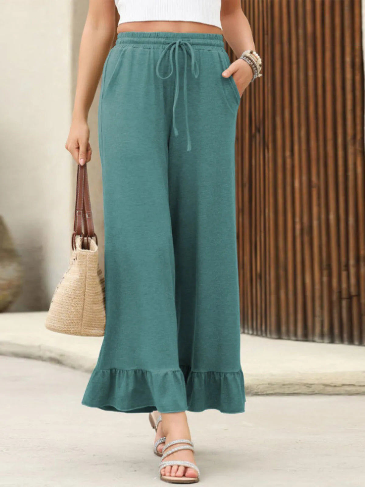 Vacation Ready Lightweight Flowy Ruffle Trim Palazzo Pants