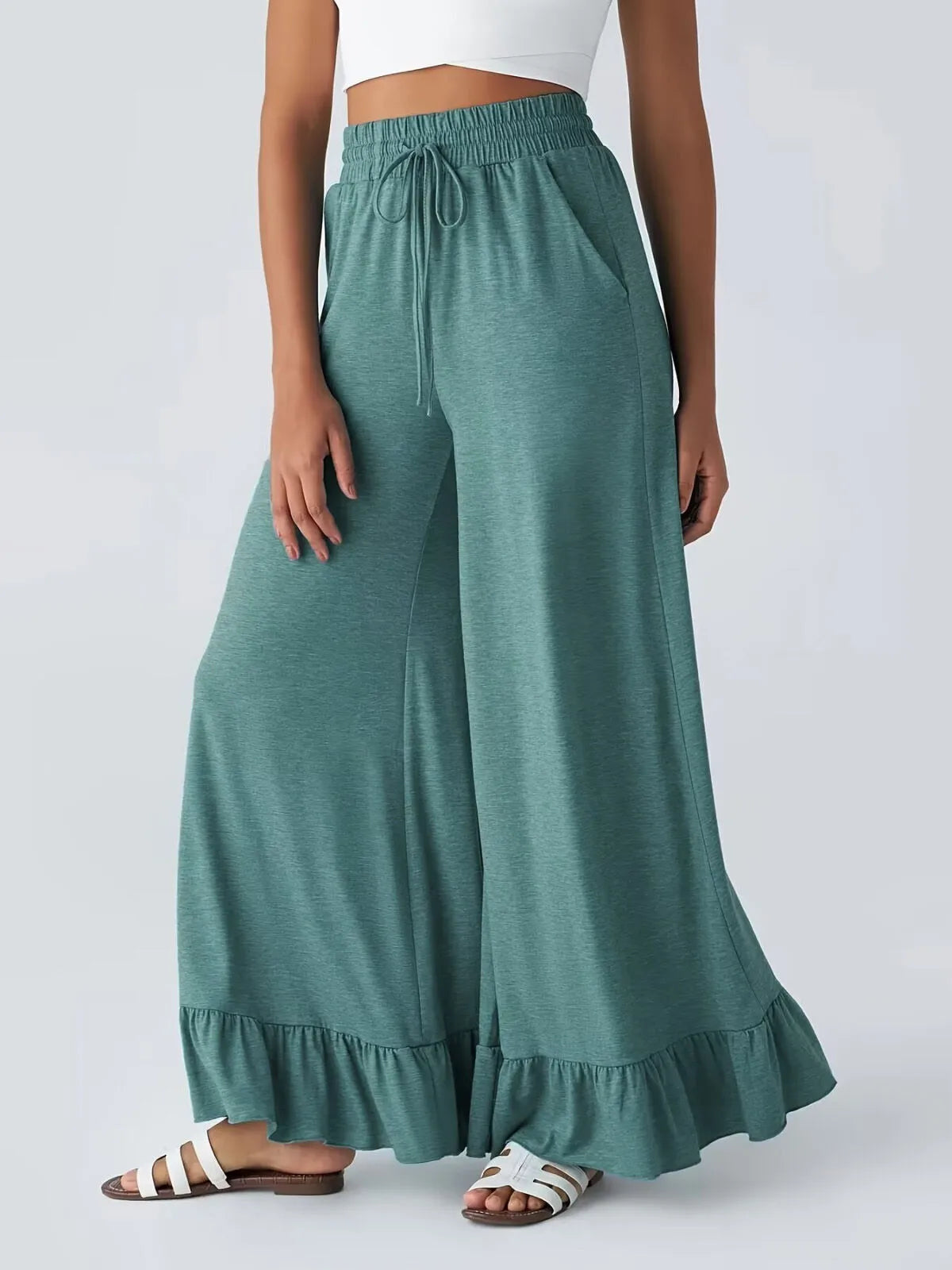 Vacation Ready Lightweight Flowy Ruffle Trim Palazzo Pants