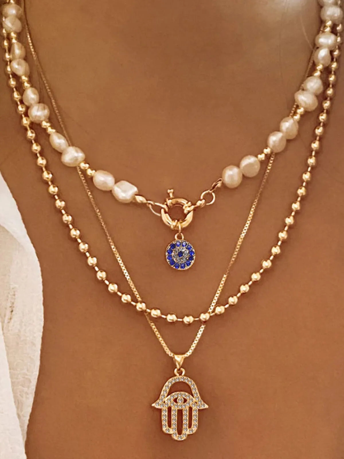 Pearl Blue Jewelry Circle Multi-layered Alloy Necklace