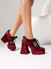Vintage Style High Heel Round Toe Lace Flannelette Pull On Heels