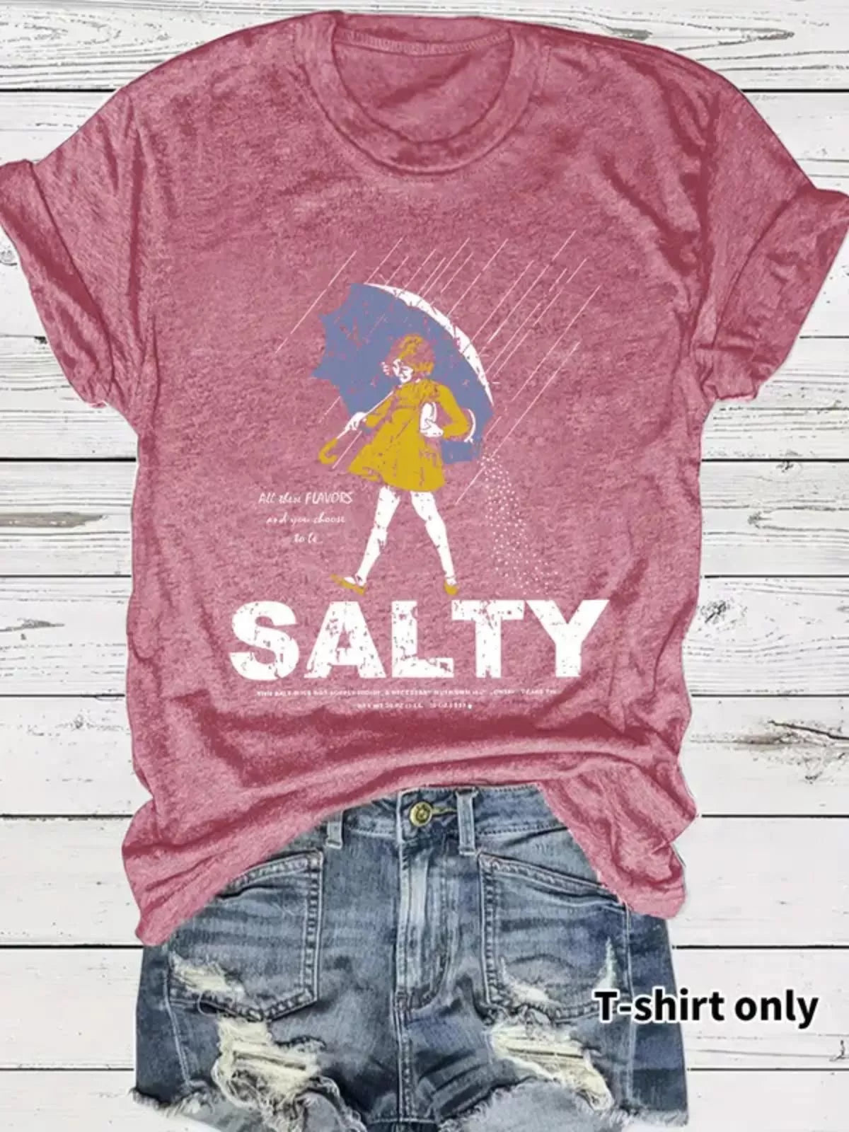 Vintage Trendy Figure Print Round Neck Umbrella & Sality Girl Print T-shirt