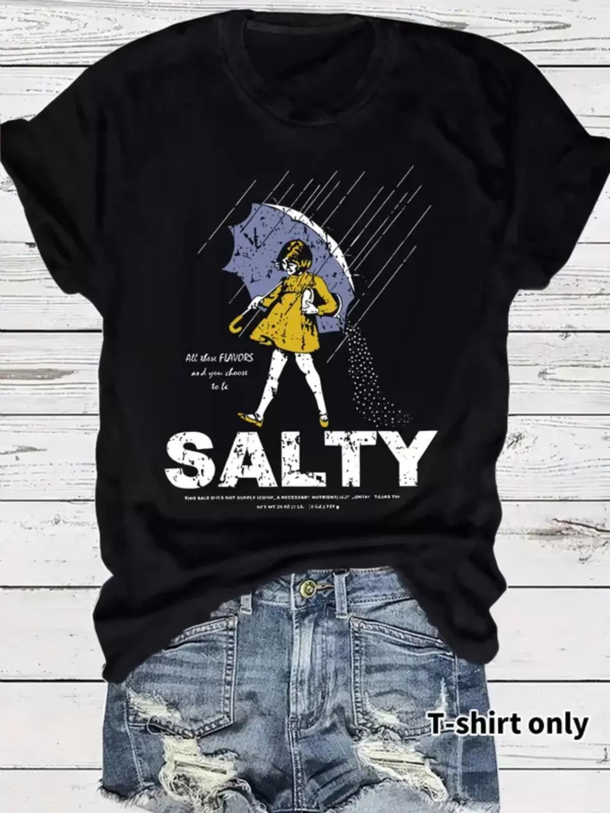 Vintage Trendy Figure Print Round Neck Umbrella & Sality Girl Print T-shirt