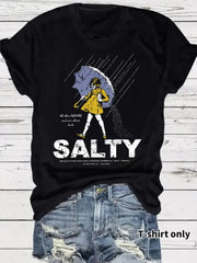 Vintage Trendy Figure Print Round Neck Umbrella & Sality Girl Print T-shirt