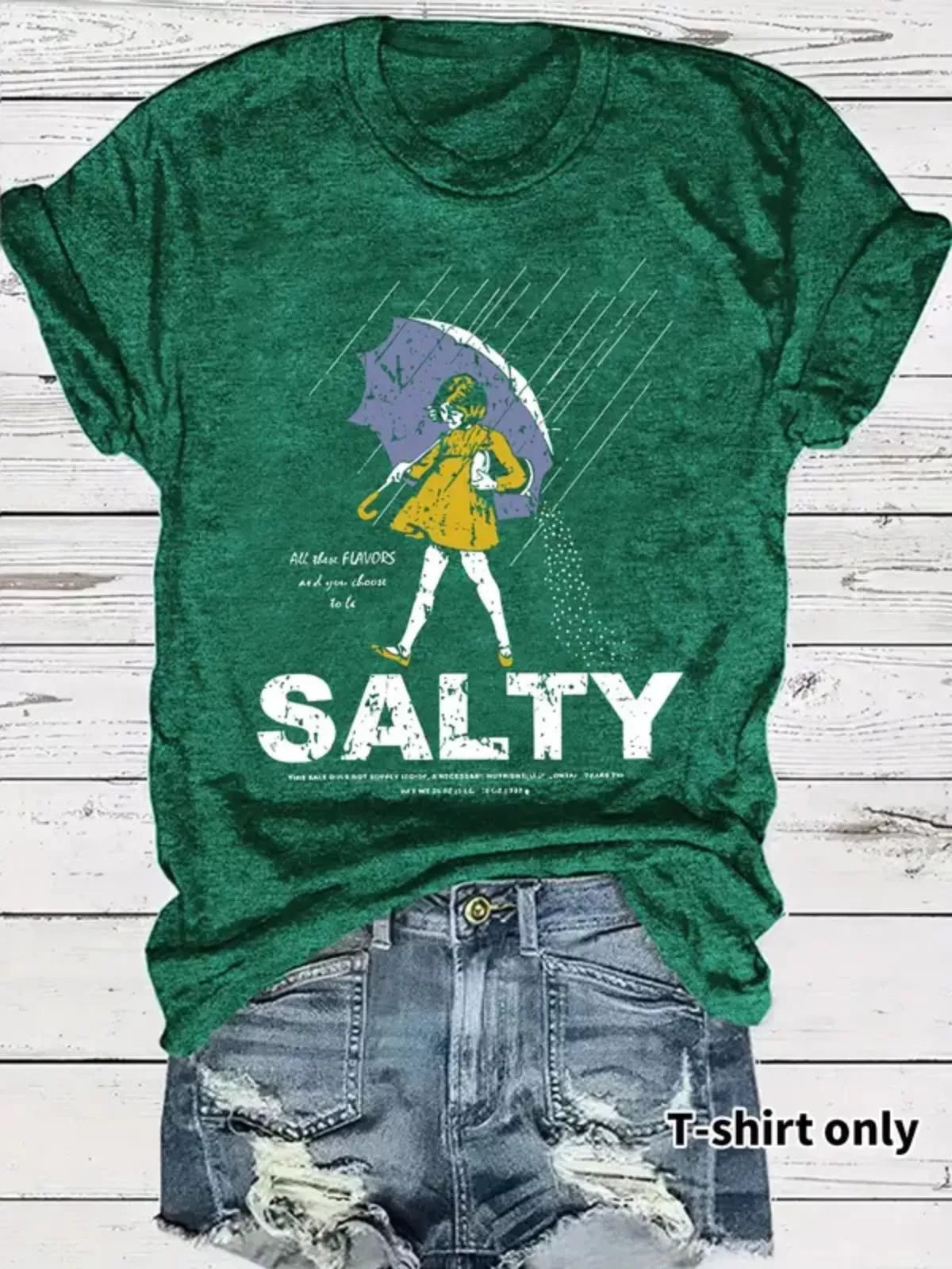 Vintage Trendy Figure Print Round Neck Umbrella & Sality Girl Print T-shirt