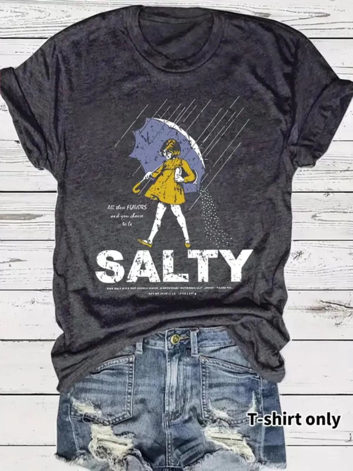 Vintage Trendy Figure Print Round Neck Umbrella & Sality Girl Print T-shirt