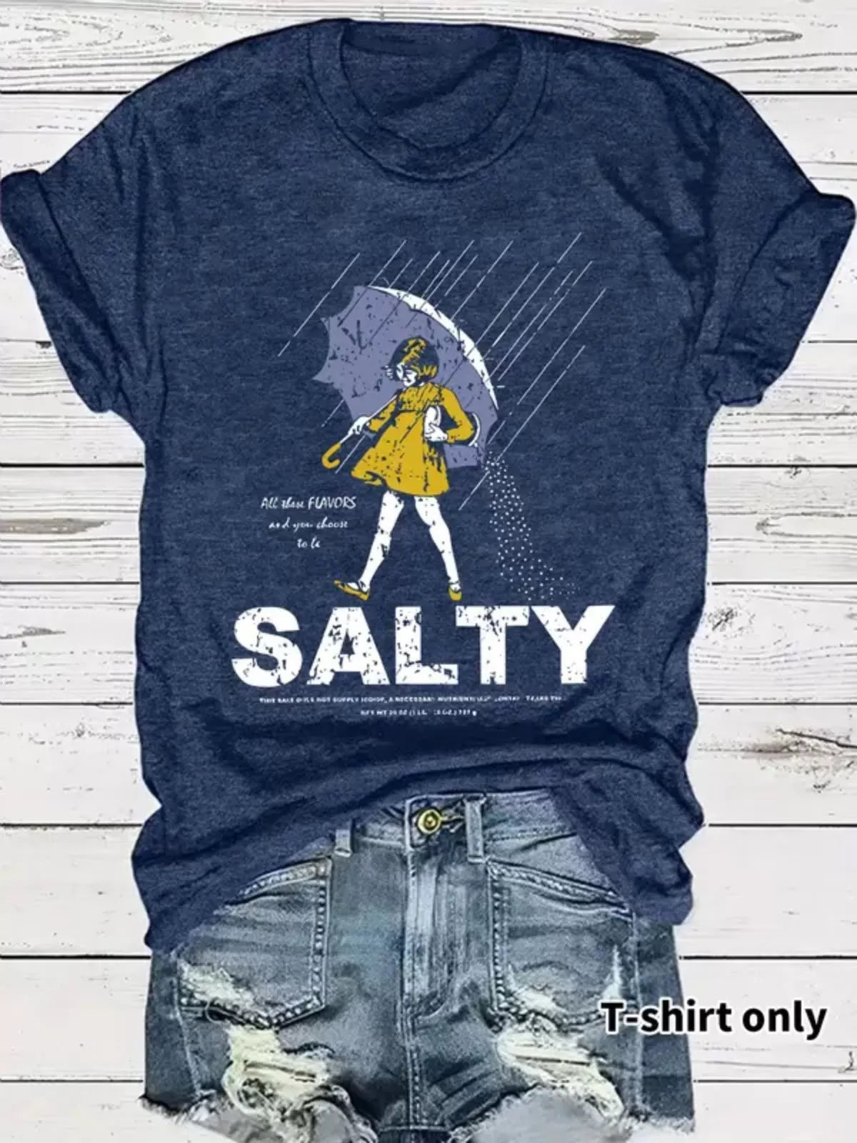 Vintage Trendy Figure Print Round Neck Umbrella & Sality Girl Print T-shirt