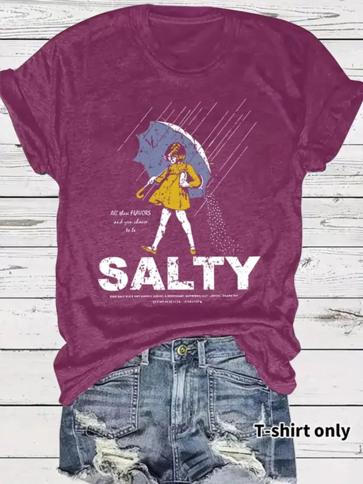 Vintage Trendy Figure Print Round Neck Umbrella & Sality Girl Print T-shirt