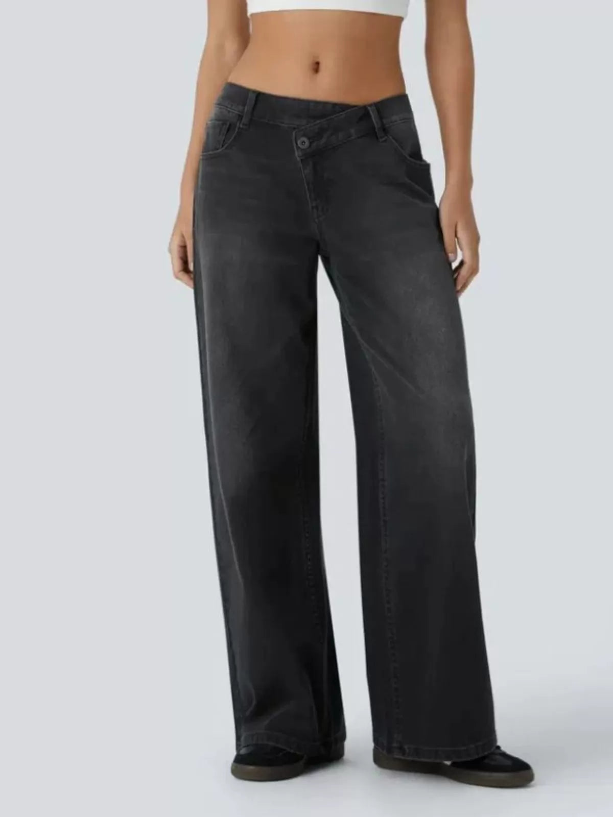 Washed Denim Asymmetric Low Rise Zipper Pockets Baggy Wide Leg Washed Casual Jeans
