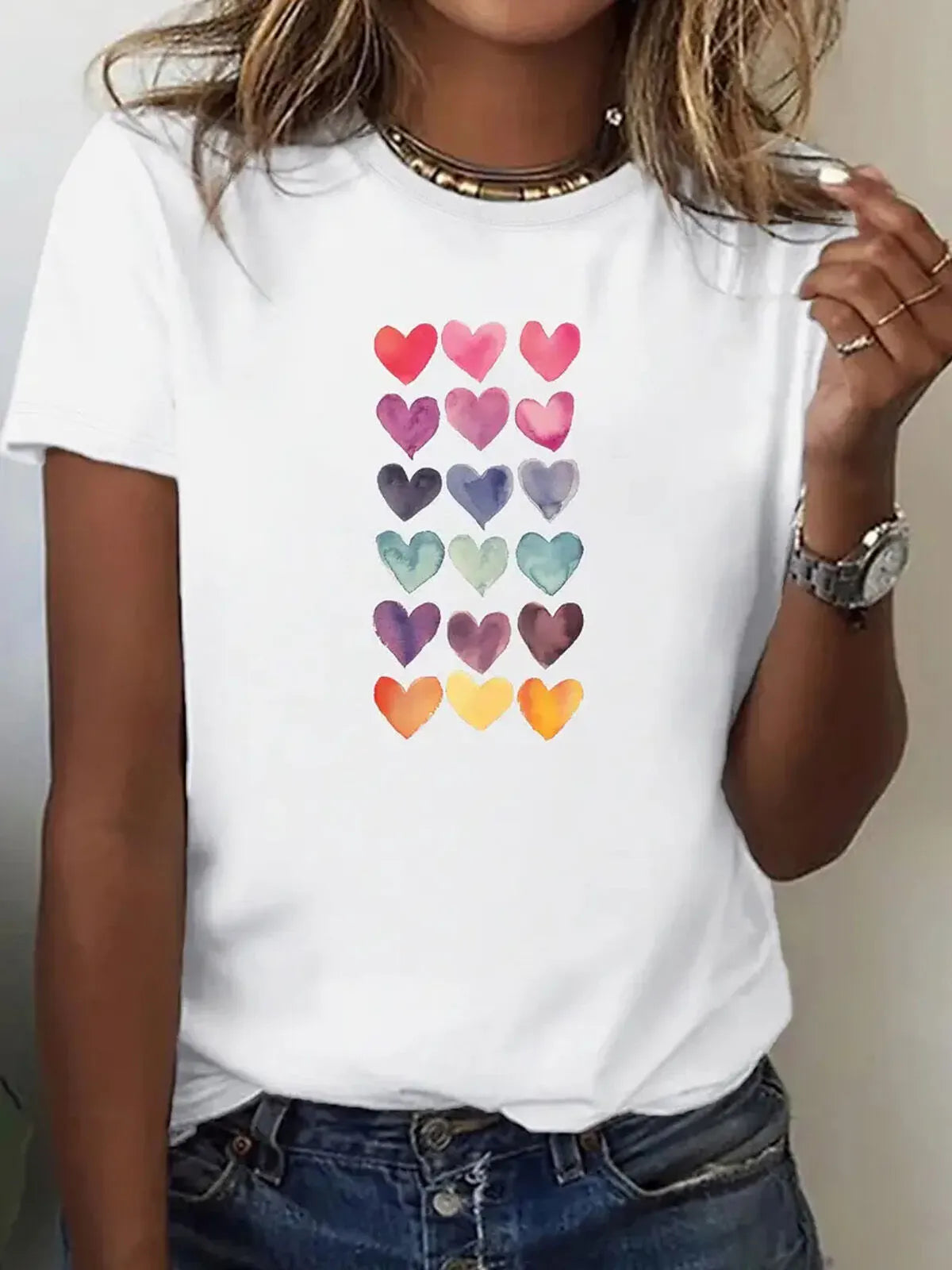 Watercolor Heart Round Neck T-shirt Cute Hearts