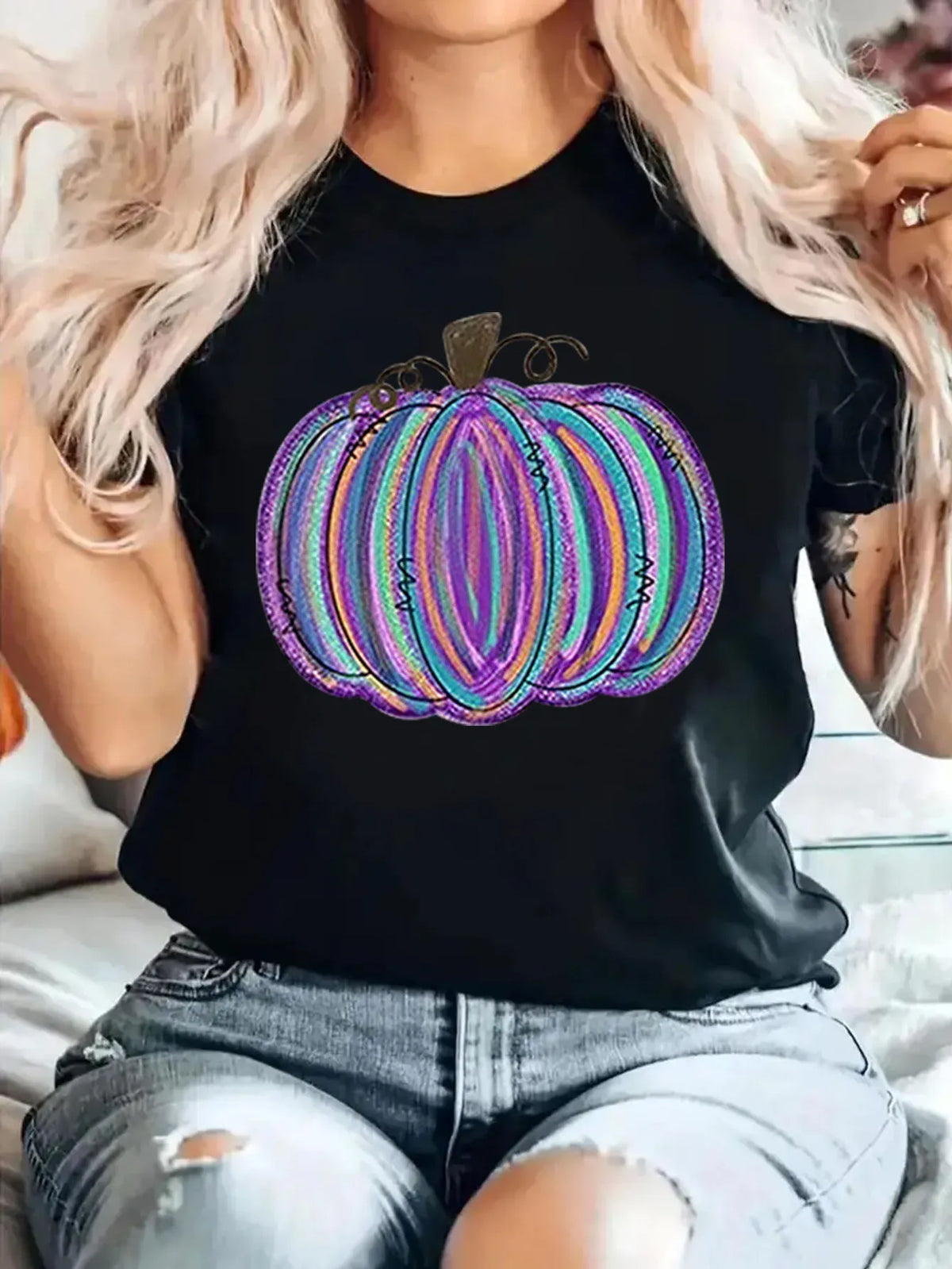 Watercolor Pumpkin Round Neck T-shirt Gift For Thanksgiving Day