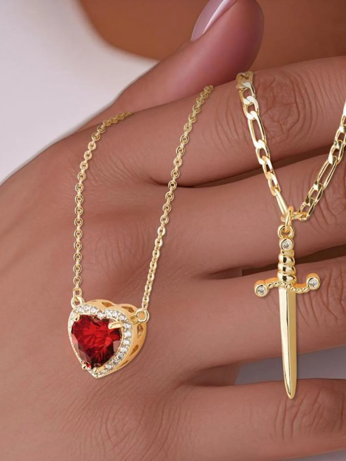 1pc Zirconia Dagger Cross Pendant 14K Gold Plated Heart Pendant Necklaces for Women Men