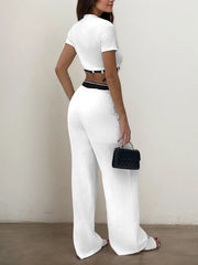 Solid Belted Crop T-shirt & Solid Lace-up Palazzo Pants