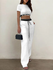 Solid Belted Crop T-shirt & Solid Lace-up Palazzo Pants