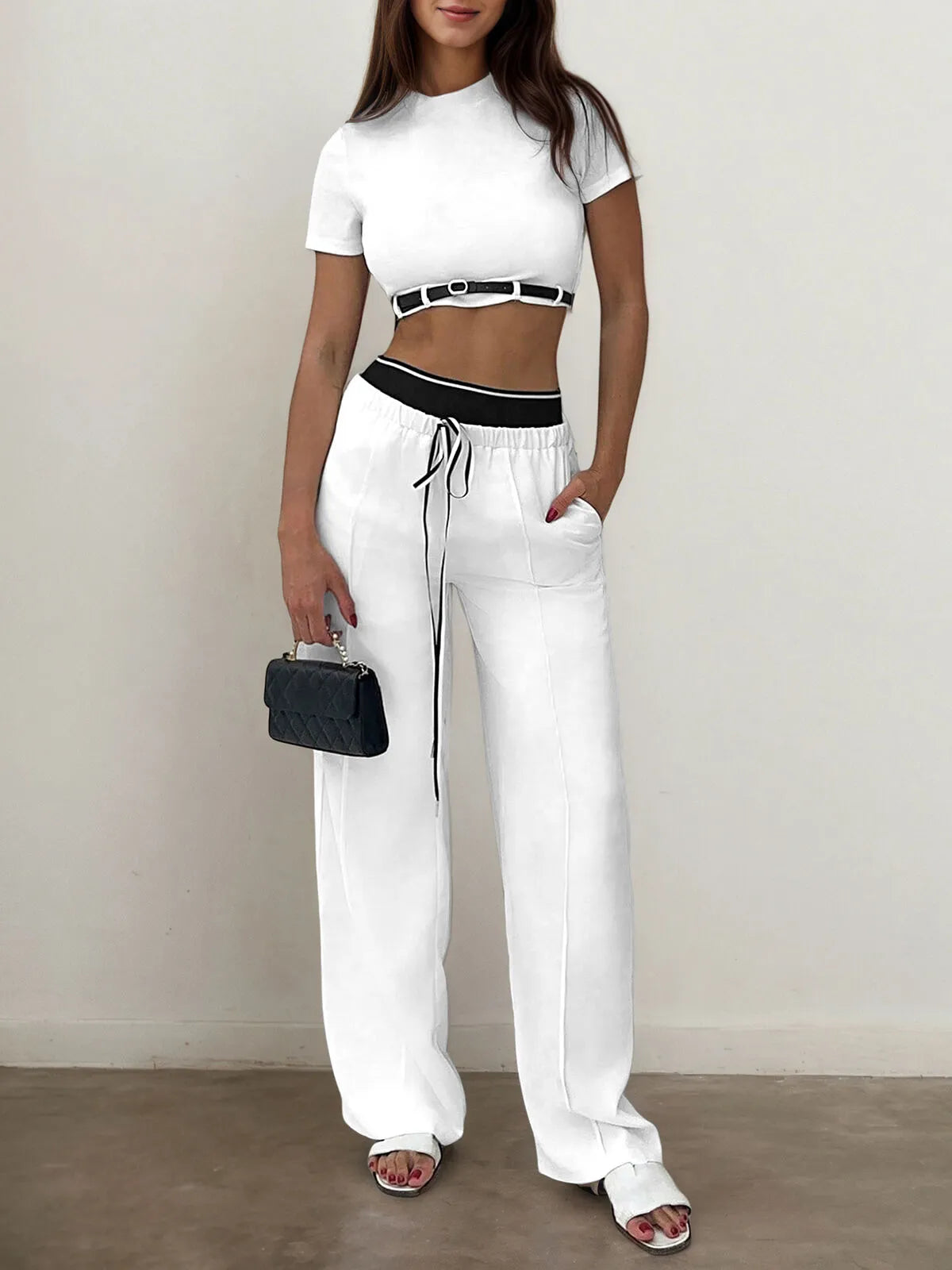 Solid Belted Crop T-shirt & Solid Lace-up Palazzo Pants