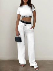Solid Belted Crop T-shirt & Solid Lace-up Palazzo Pants