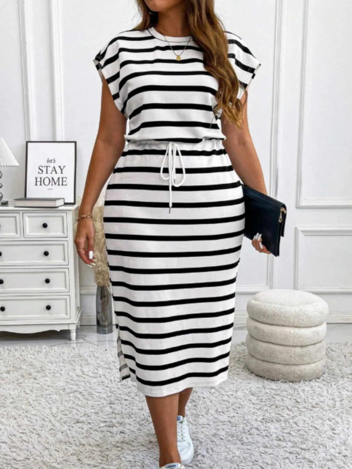 Wide Horizontal Stripes Tie Back Round Neck Batwing Sleeve Midi Tunic Dress