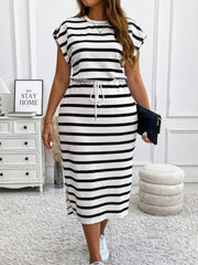 Wide Horizontal Stripes Tie Back Round Neck Batwing Sleeve Midi Tunic Dress