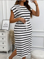 Wide Horizontal Stripes Tie Back Round Neck Batwing Sleeve Midi Tunic Dress