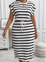 Wide Horizontal Stripes Tie Back Round Neck Batwing Sleeve Midi Tunic Dress