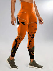 Halloween Pumpkin Elastic Waist Printing Comfortable  Slacks Cozy Skinny Pants