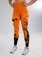 Halloween Pumpkin Elastic Waist Printing Comfortable  Slacks Cozy Skinny Pants