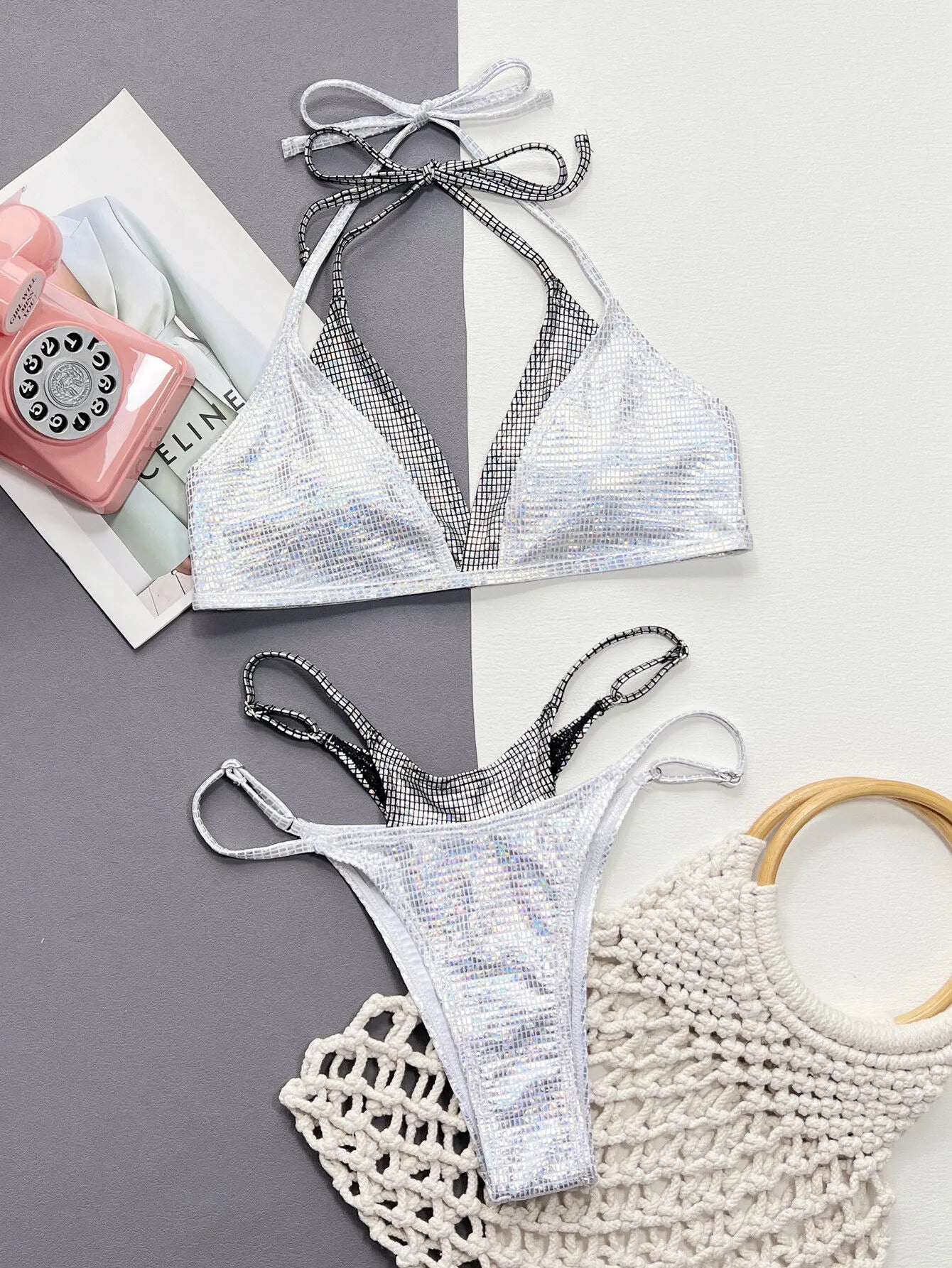 Women Summer Solid Glitter Bikini Sets