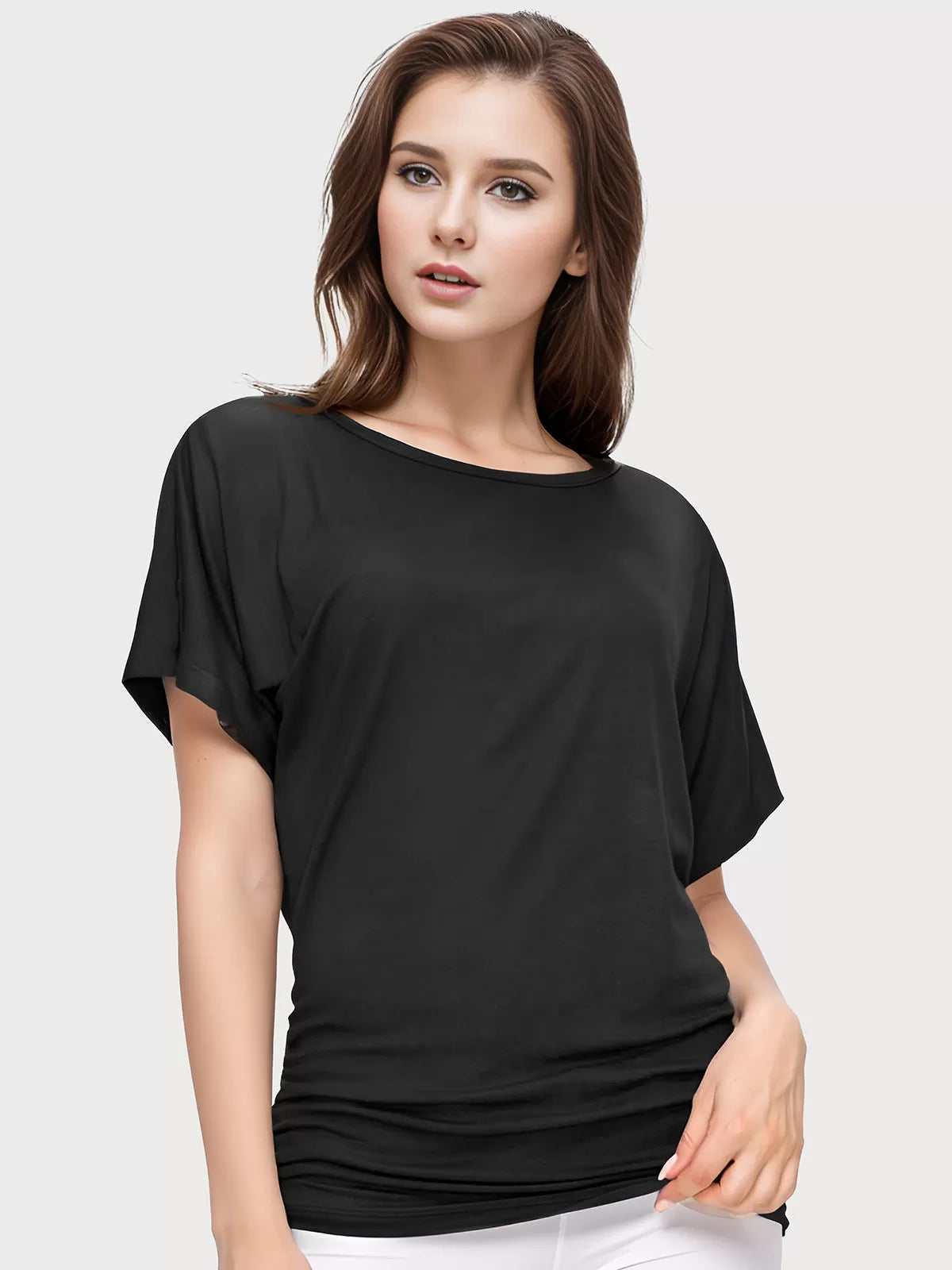 Wrinkle Round Neck Batwing Short Sleeve T-shirt