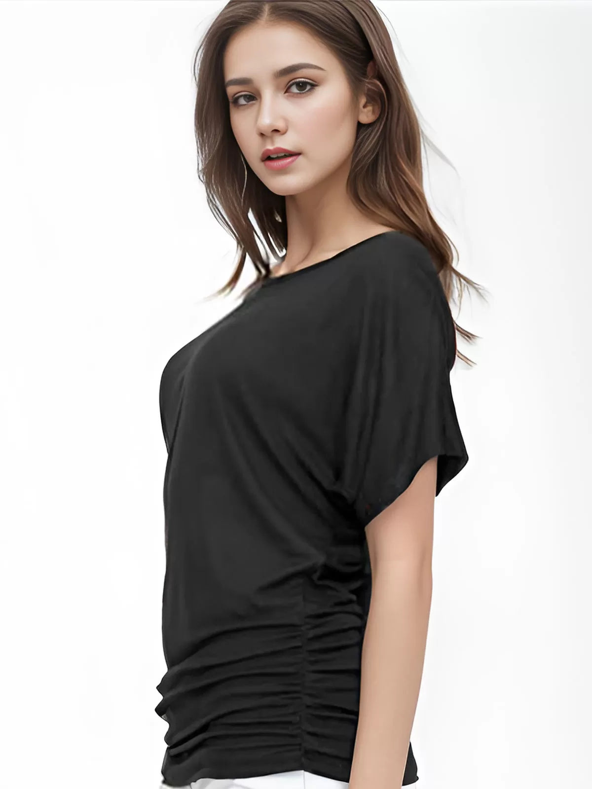 Wrinkle Round Neck Batwing Short Sleeve T-shirt