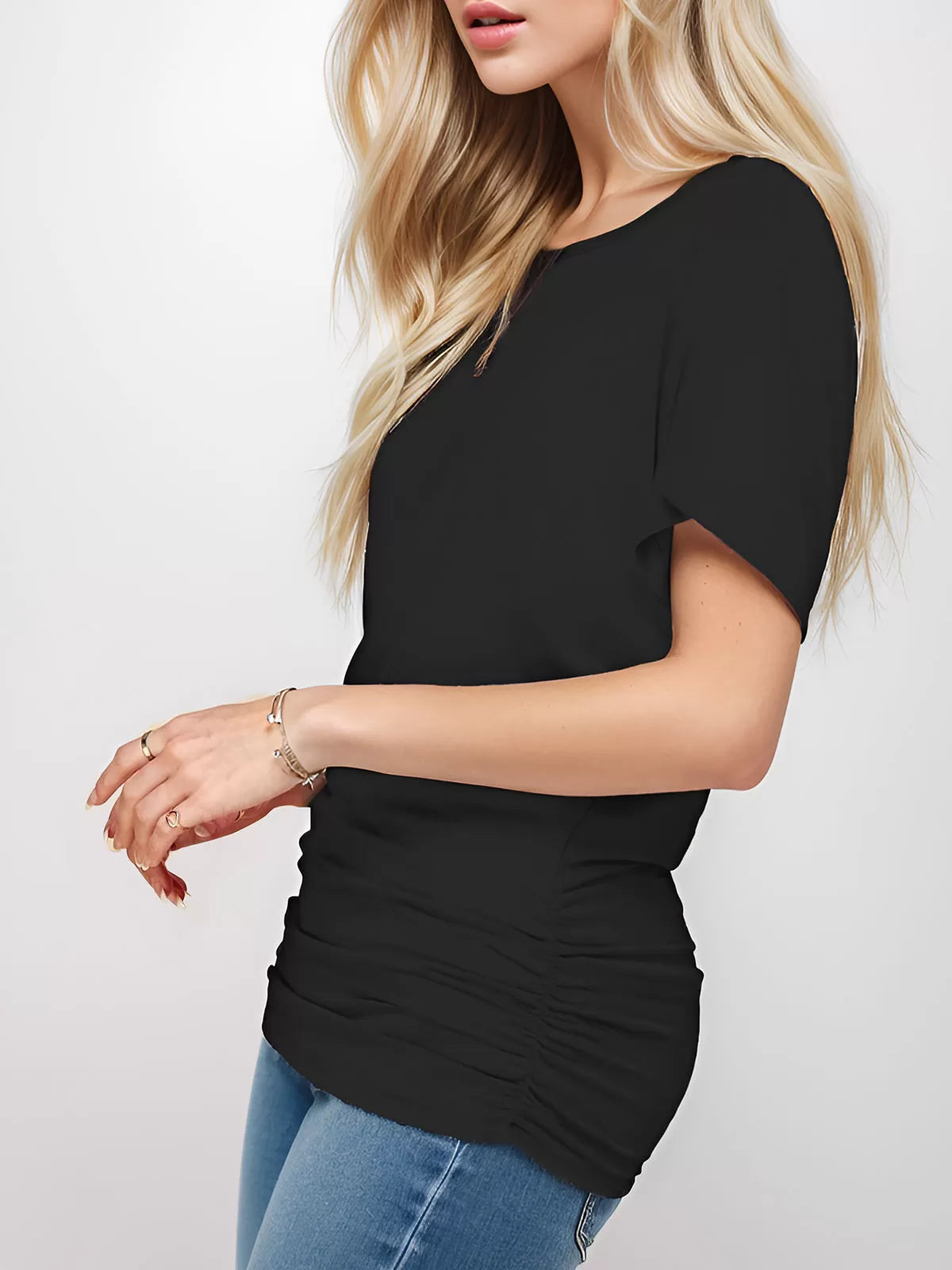 Wrinkle Round Neck Batwing Short Sleeve T-shirt